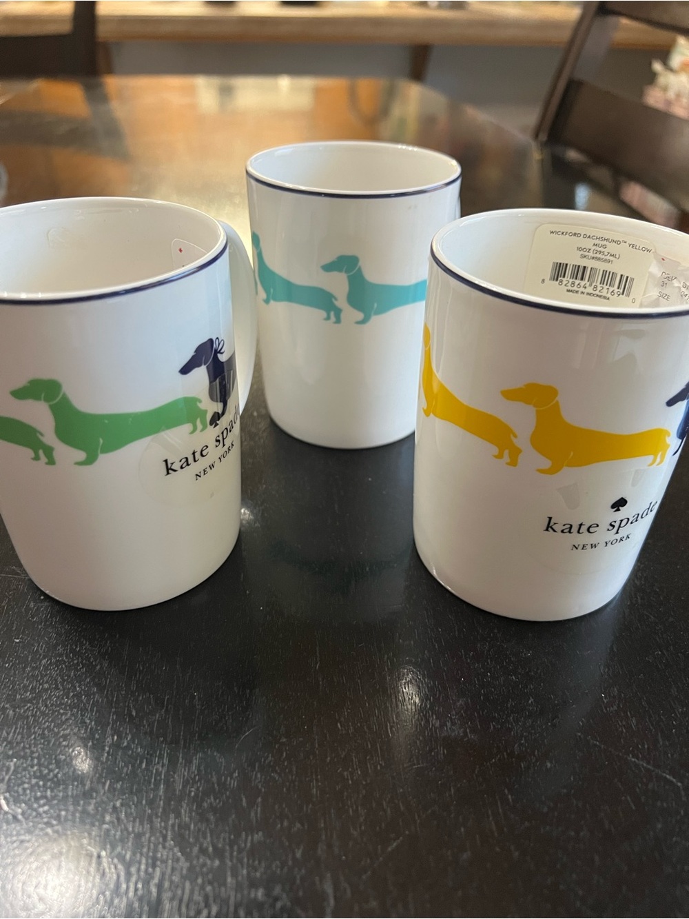 Set of 3 Kate Spade dachshund mugs green blue yellow Doxie dog